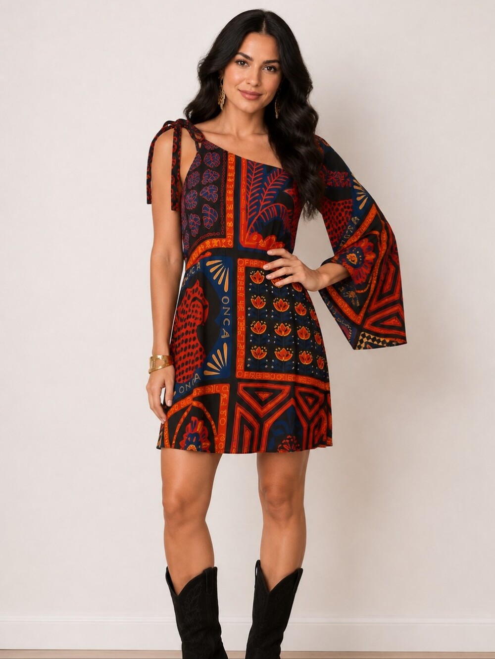 Farm Rio One-Shoulder Red & Blue Printed Dress